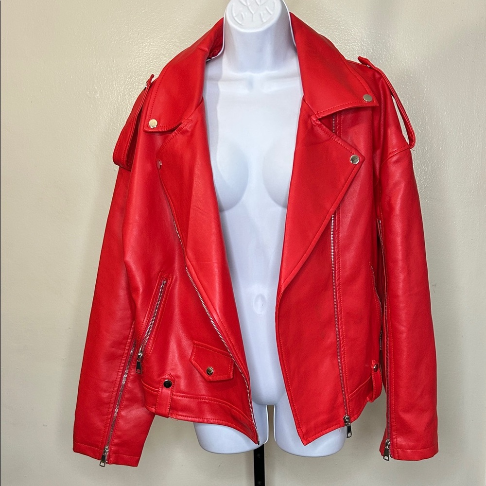 AKIRA Red Women's Leather Moto Jacket - Statement Biker